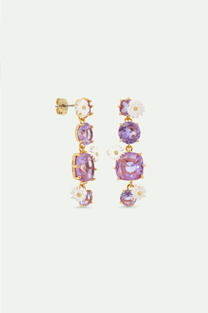 Four Stone Lavender Diamantine Dangle Post Earrings with Daisies