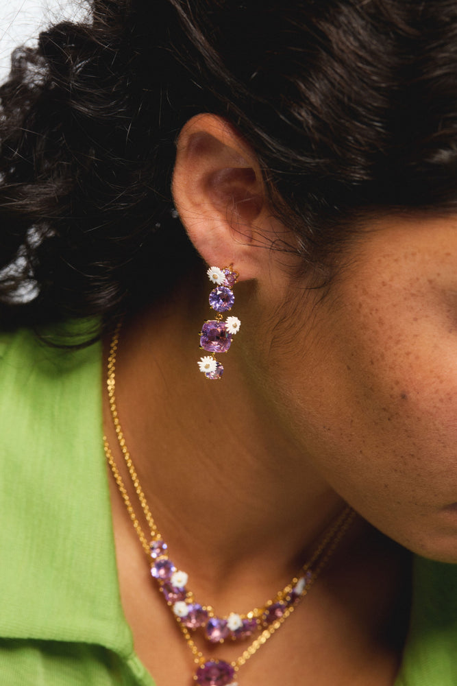 Four Stone Lavender Diamantine Dangle Clip-On Earrings with Daisies