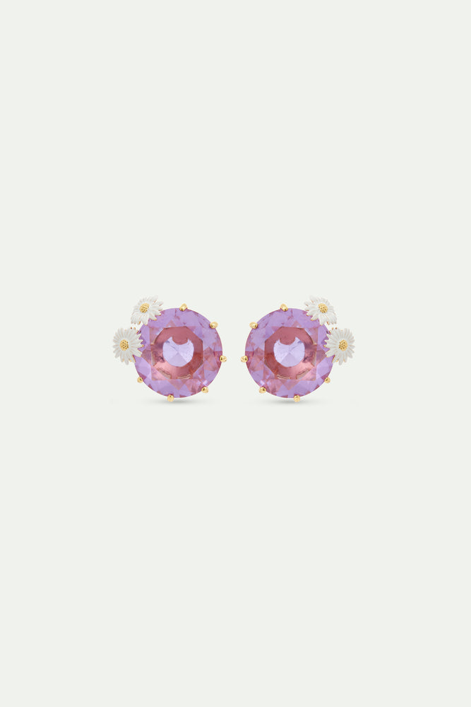 Lavender Diamantine Round Stone Post Earrings with Daisies