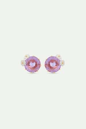 Lavender Diamantine Round Stone Post Earrings with Daisies