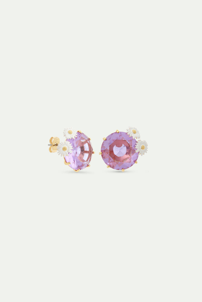 Lavender Diamantine Round Stone Post Earrings with Daisies