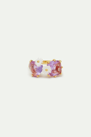 Lavender Diamantine Square and Heart-Shaped Stone You and Me Adjustable Ring with Daisies