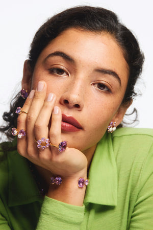 Lavender Diamantine Square and Heart-Shaped Stone You and Me Adjustable Ring with Daisies