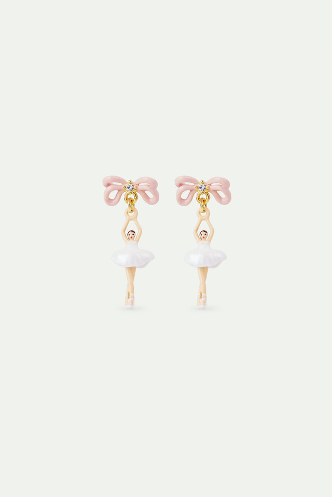 White Tutu and Pink Bow Mini Ballerina Post Earrings