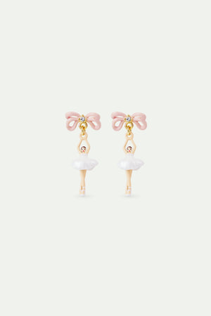 White Tutu and Pink Bow Mini Ballerina Post Earrings