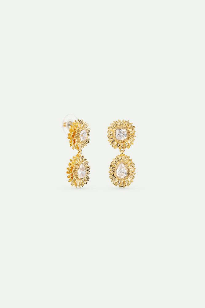 Golden Dandelion and Cut Stone Dangle Post Earrings