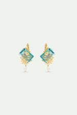 Blue Cut Stone, Golden Flowers and Cultured Pearl Sleeper Earrings