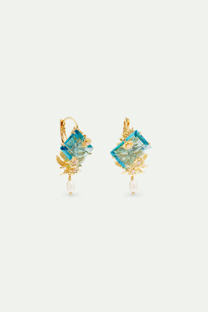 Blue Cut Stone, Golden Flowers and Cultured Pearl Sleeper Earrings