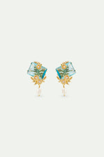 Blue Cut Stone, Golden Flowers and Cultured Pearl Post Earrings