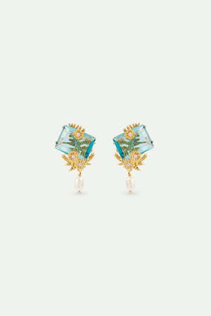 Blue Cut Stone, Golden Flowers and Cultured Pearl Post Earrings