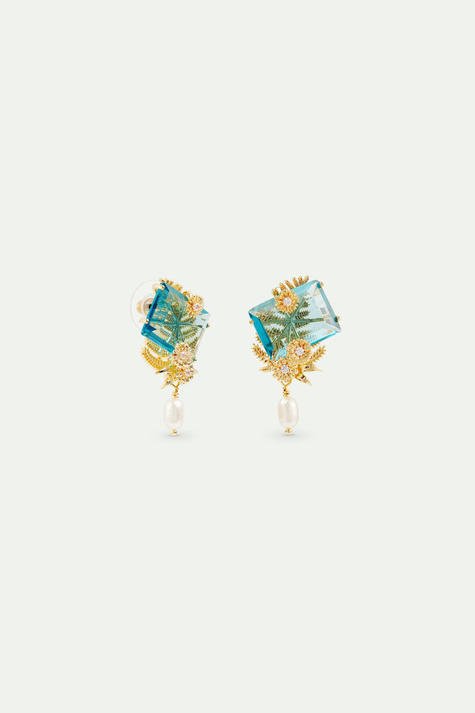 Blue Cut Stone, Golden Flowers and Cultured Pearl Post Earrings