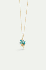 Blue Cut Stone, Golden Flowers and Cultured Pearl Pendant Necklace