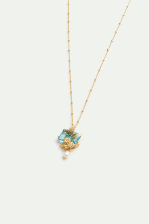 Blue Cut Stone, Golden Flowers and Cultured Pearl Pendant Necklace