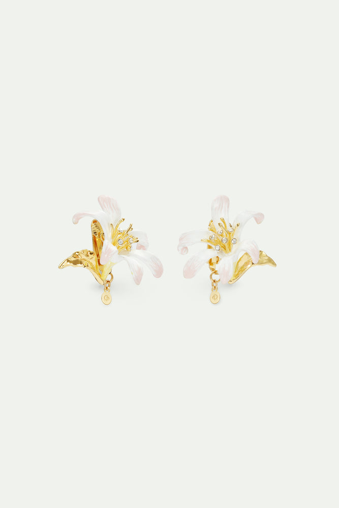 Large White Lily Earrings and Golden Leaves Clip-On Earrings