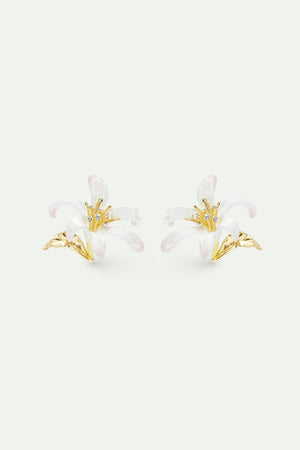 Large White Lily Earrings and Golden Leaves Post Earrings