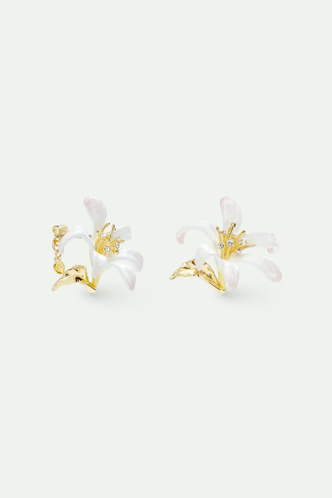 Large White Lily Earrings and Golden Leaves Post Earrings