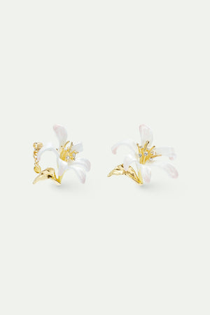 Large White Lily Earrings and Golden Leaves Post Earrings