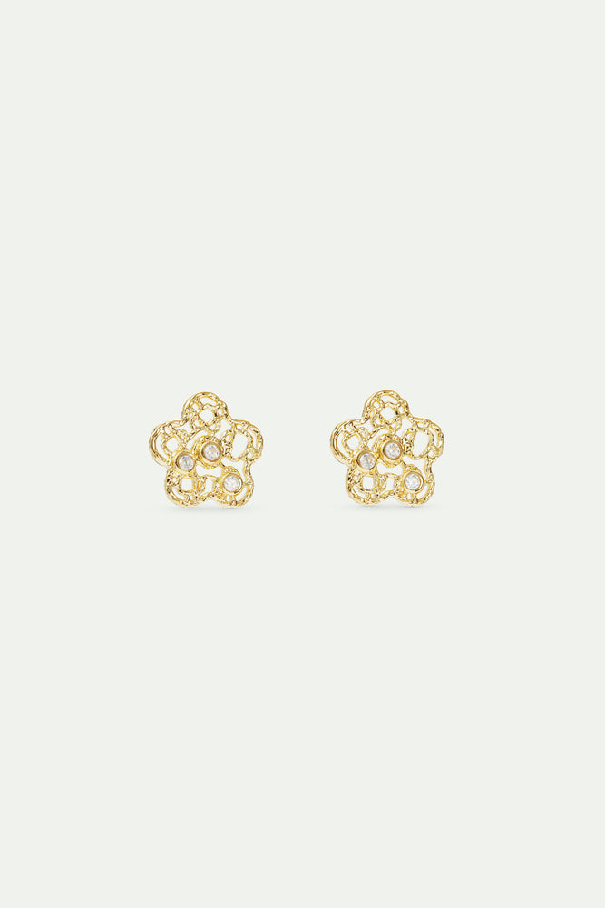 Golden Filigree Flower and Crystal Post Earrings