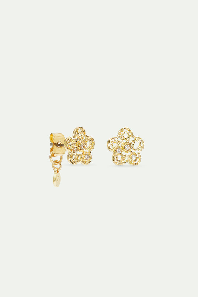 Golden Filigree Flower and Crystal Post Earrings