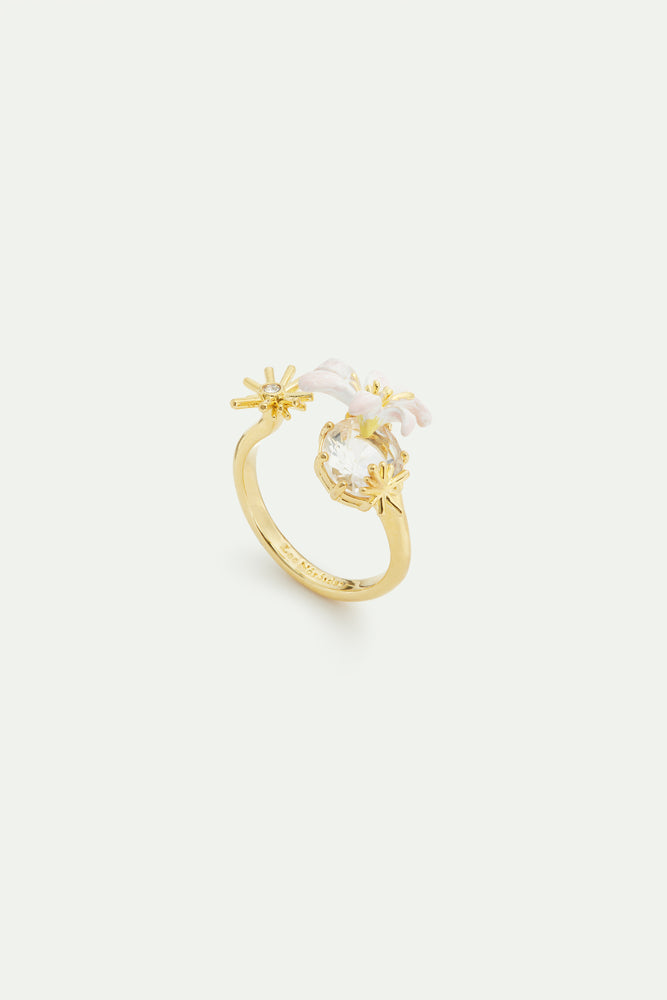 White Lily Flower and Faceted Stone Adjustable Gold-Plated Ring