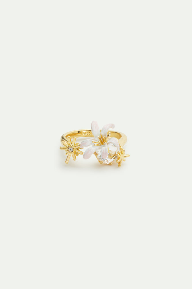 White Lily Flower and Faceted Stone Adjustable Gold-Plated Ring