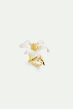 White Lily Flower and Crystal Adjustable Ring