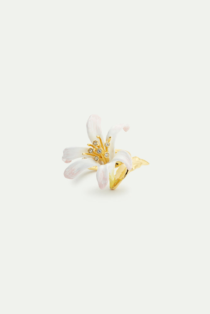 White Lily Flower and Crystal Adjustable Ring