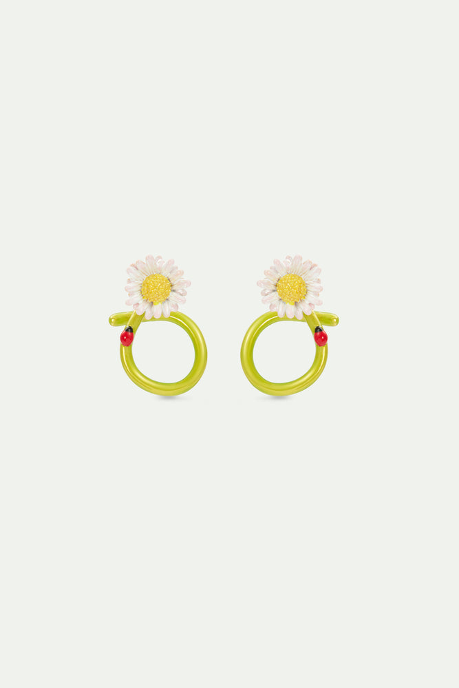 White Flower and Ladybird Post Hoop Earrings