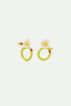 White Flower and Ladybird Post Hoop Earrings