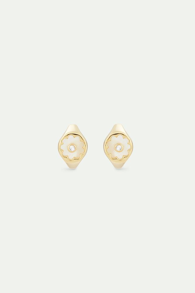 Golden Post Earrings with Mother of Pearl White Flower