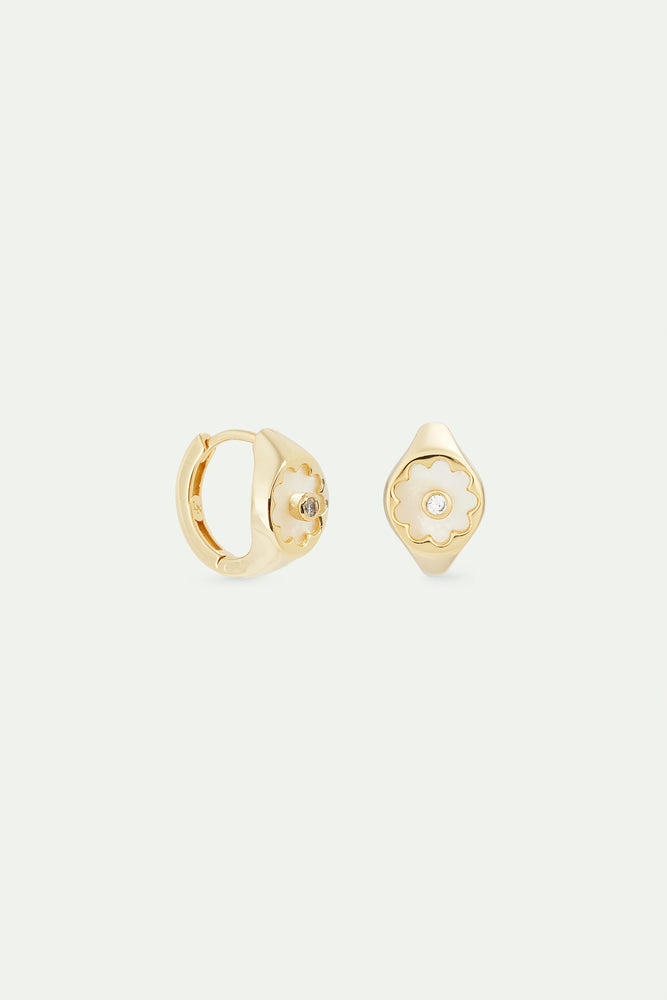 Golden Post Earrings with Mother of Pearl White Flower