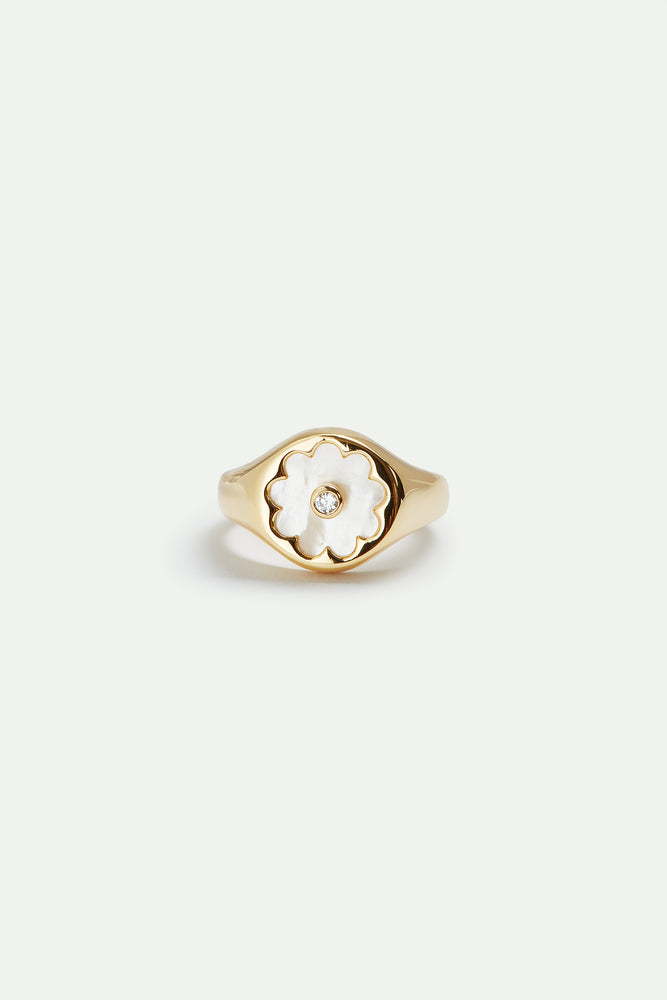 Golden Ring with Mother of Pearl White Flower