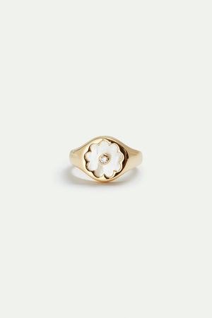 Golden Ring with Mother of Pearl White Flower