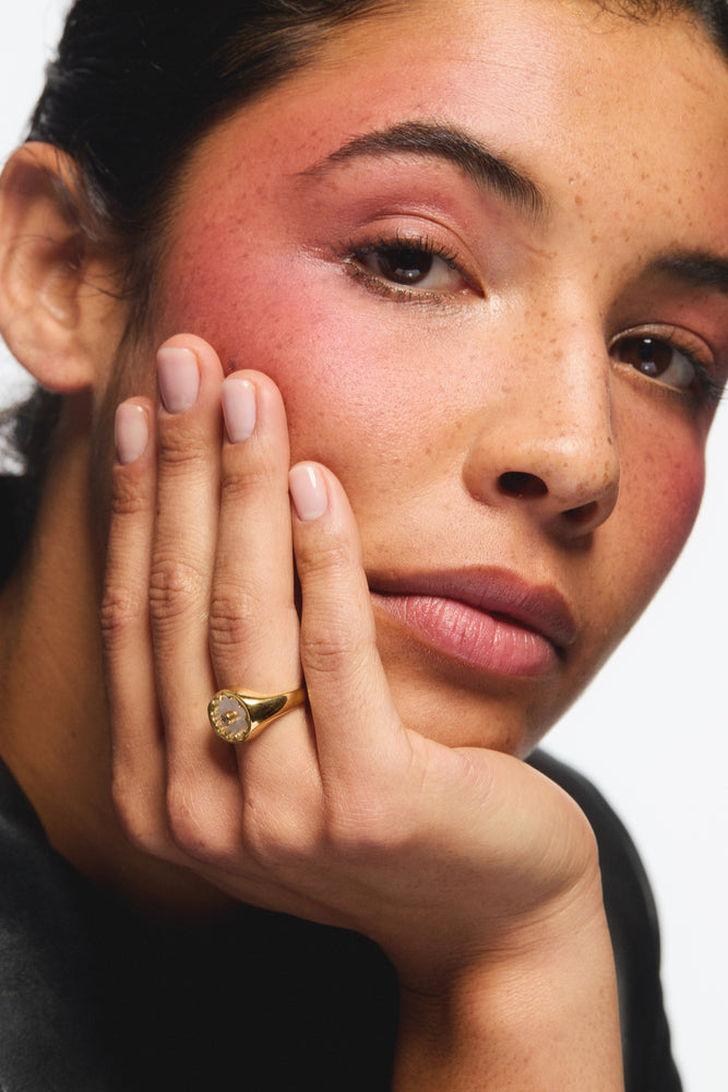 Golden Ring with Mother of Pearl White Flower