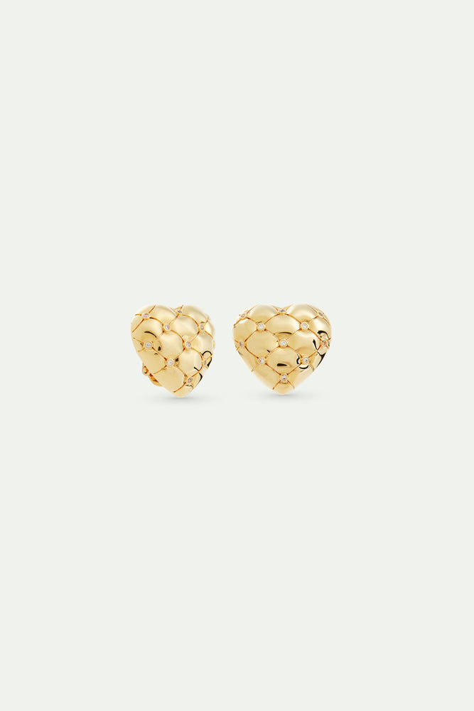 Quilted Gold Heart and Crystal Clip-On Earrings