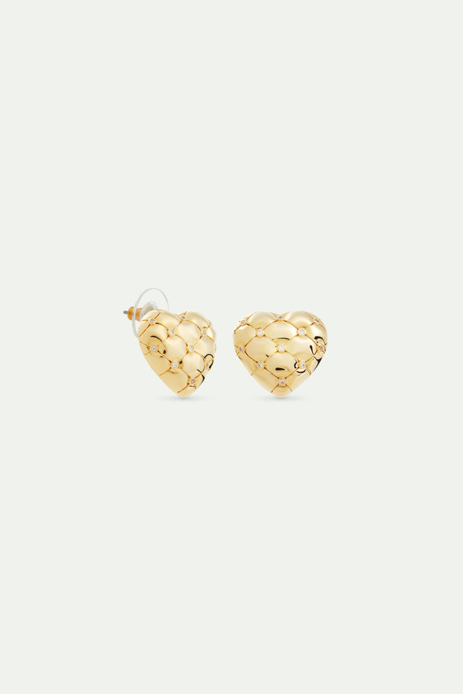 Quilted Gold Heart and Crystal Post Earrings