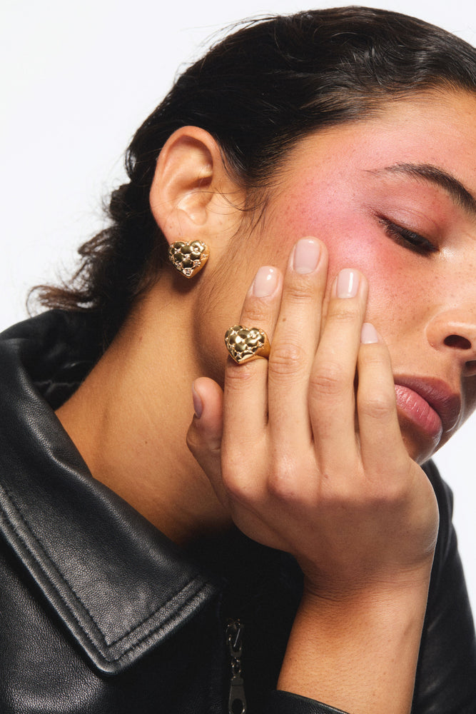 Quilted Gold Heart and Crystal Heart Cocktail Ring