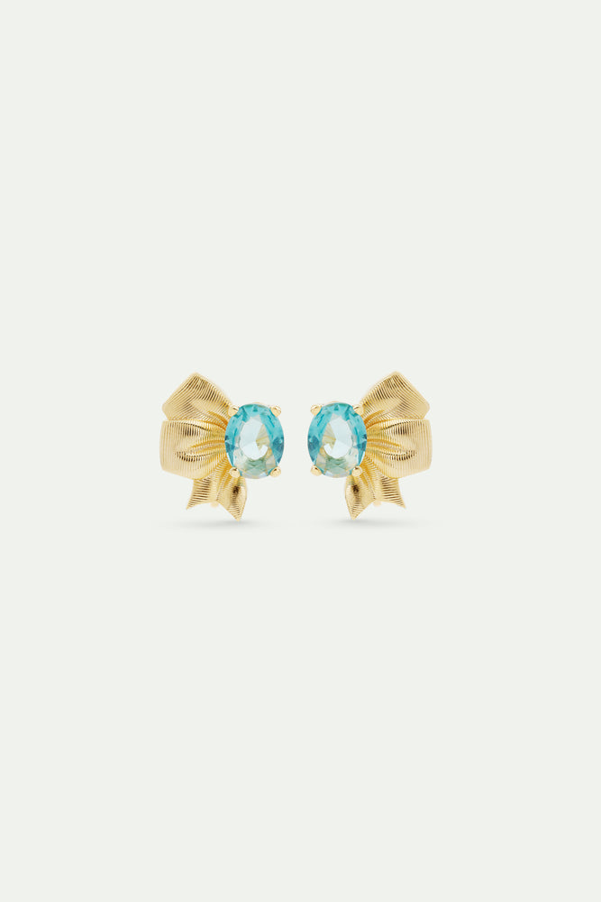 Gold Ribbon and Blue Cut Stone Clip-On Earrings