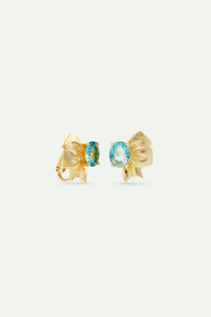 Gold Ribbon and Blue Cut Stone Clip-On Earrings