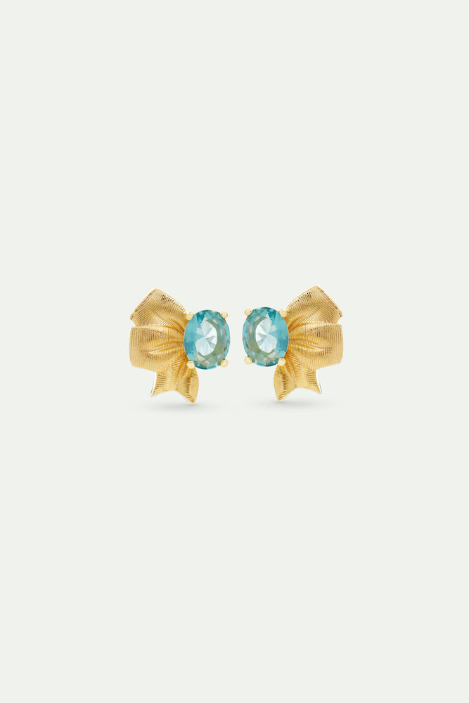 Gold Ribbon and Blue Oval Cut Stone Earrings