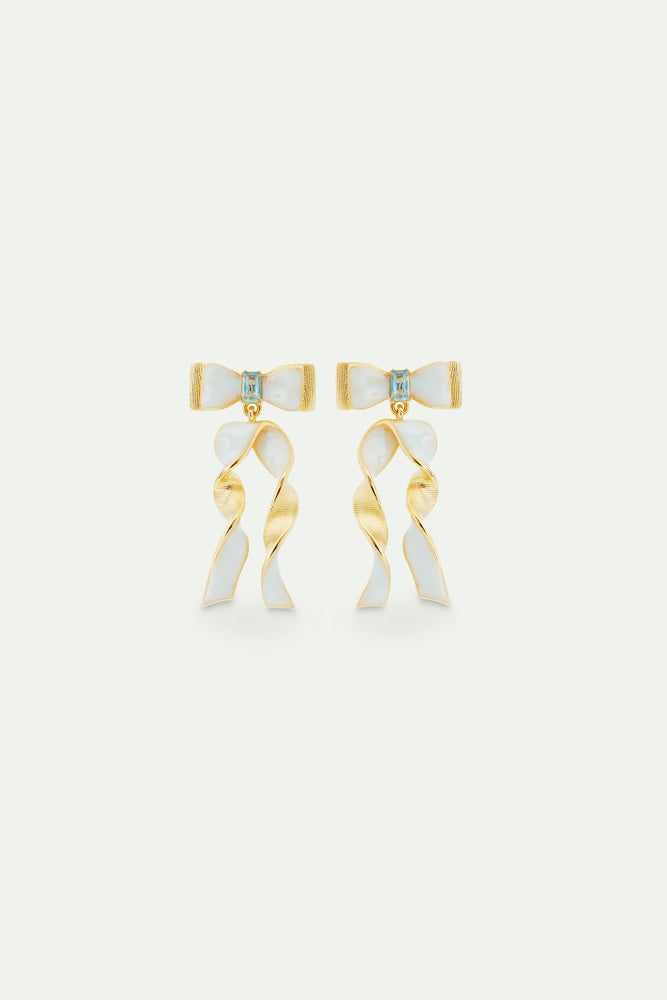 Blue and Gold Ribbon and Blue Cut Stone Earrings