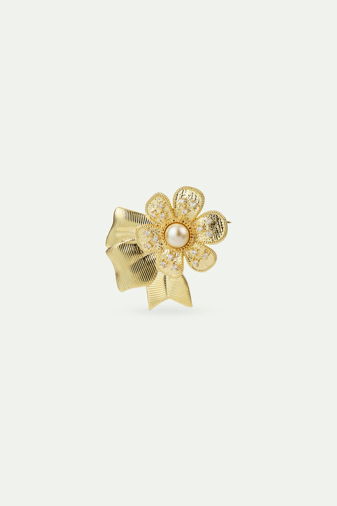 Gold-Plated Brass Flower and Artificial Pearl Brooch