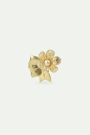 Gold-Plated Brass Flower and Artificial Pearl Brooch