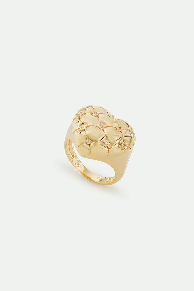 Quilted Gold Heart and Crystal Heart Cocktail Ring