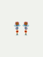 Pink and Blue Flowers and Fine Ribbon Dangle Clip-On Earrings
