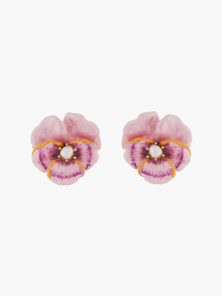 Thousand Pansies Pink pansy and freshwater pearl stud earrings - Pink